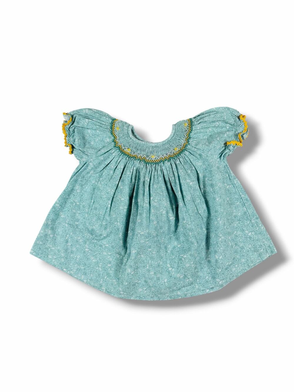 Princess Lib Hand Smocked Floral Print Bishop Dress Aqua 3 Months